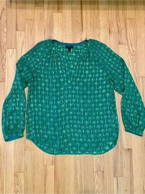 J. Crew Silk Blend Metallic Foulard Tunic Blouse Green/Gold
